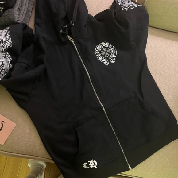 Chrome Hearts Horseshoe Floral Cross-Sleeve Zip Up Hoodie 'Black/White - Picture 1 of 3